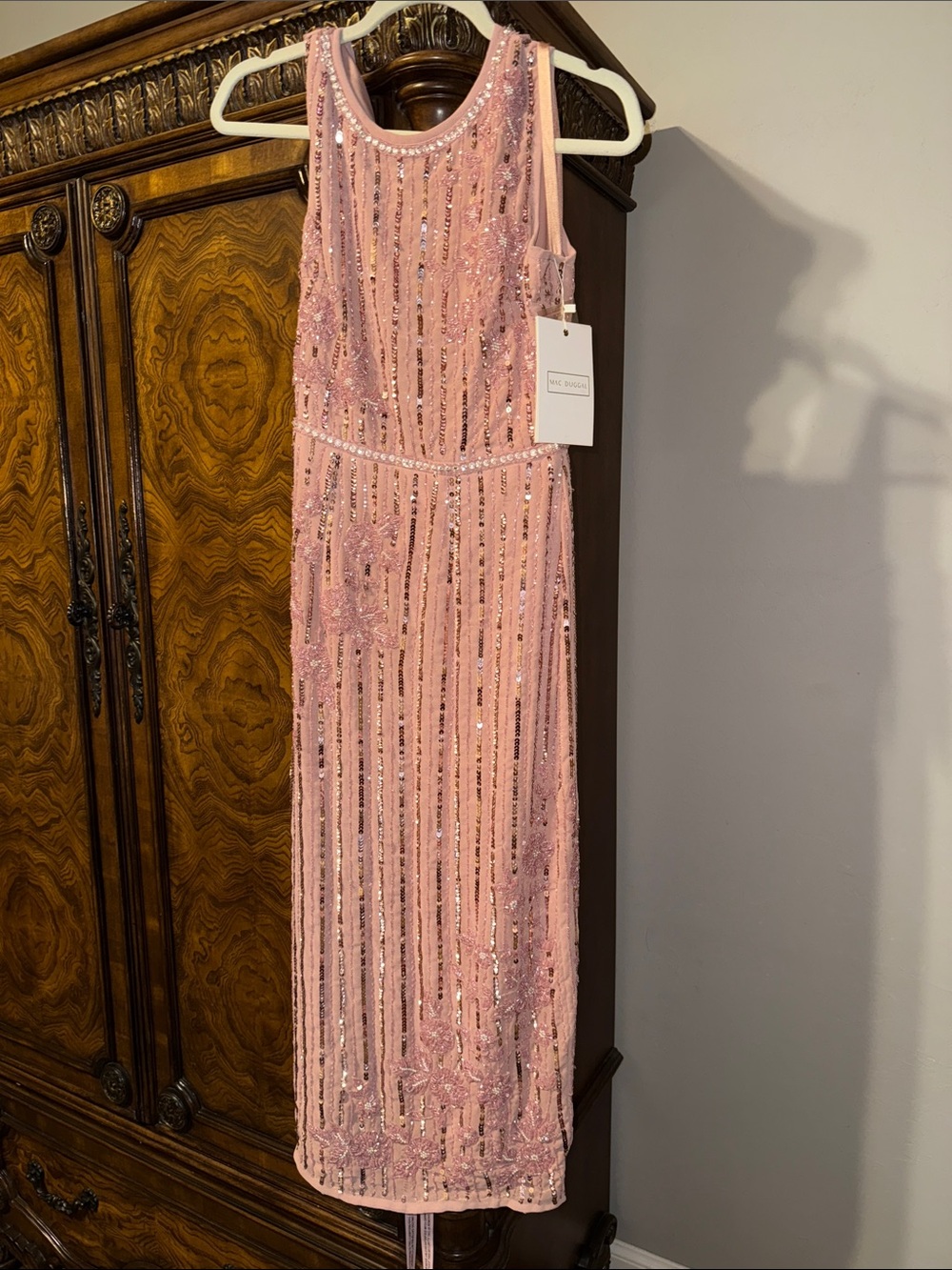 Mac Duggal Beaded Pink Sleeveless Midi Dress